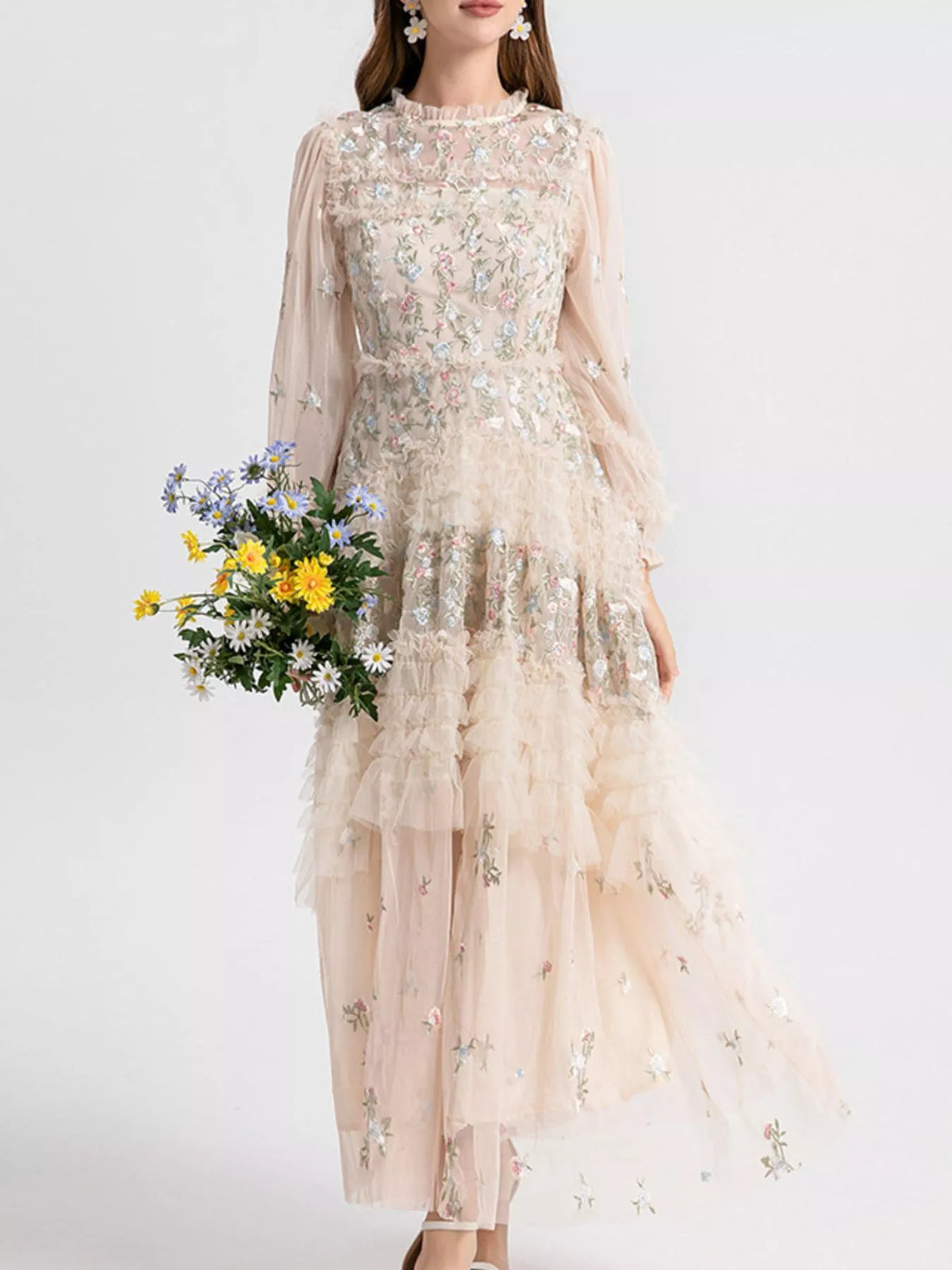 Floral Tulle Layered Maxi Dress in Apricot