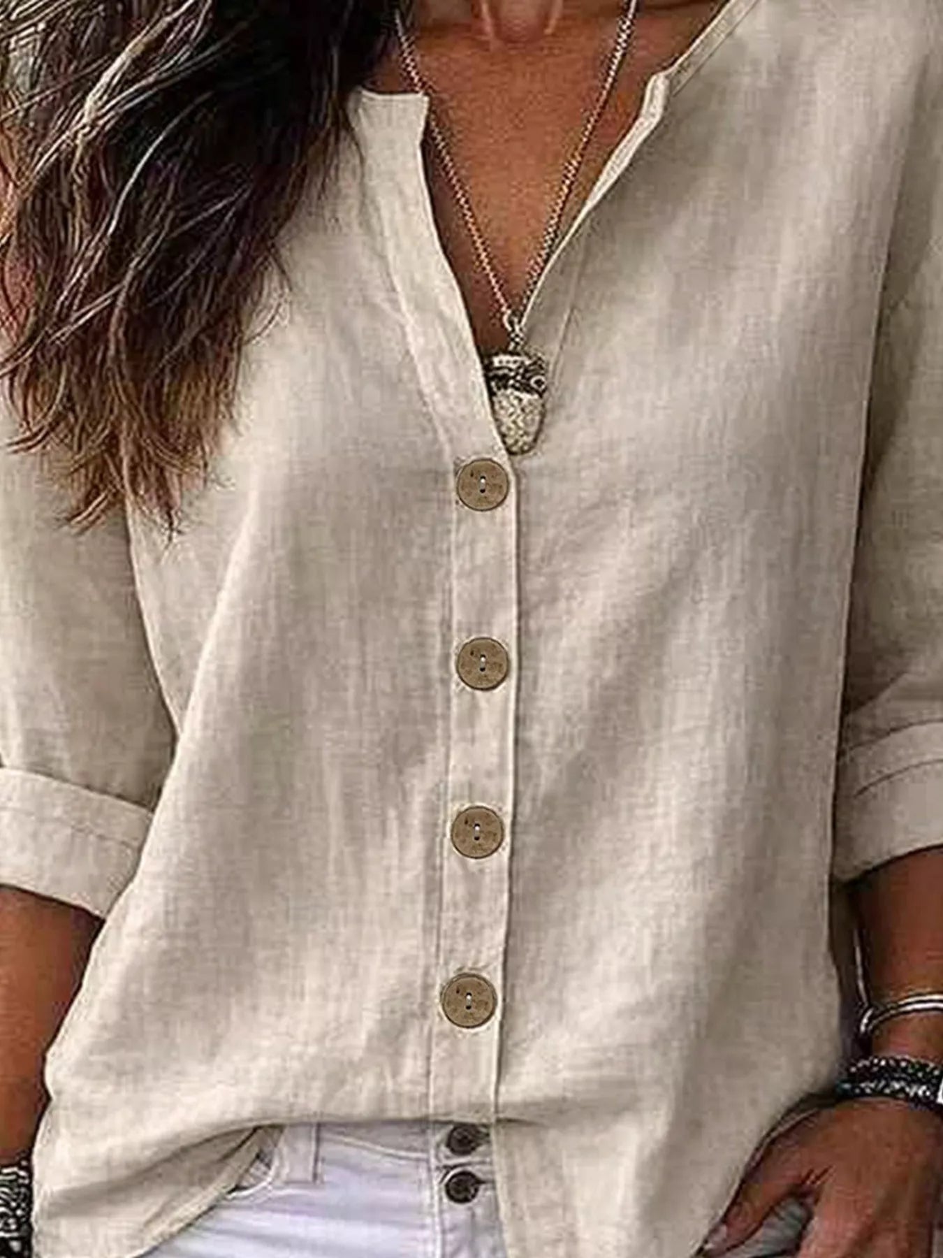 V-Neck Button-Up Long Sleeve Shirt