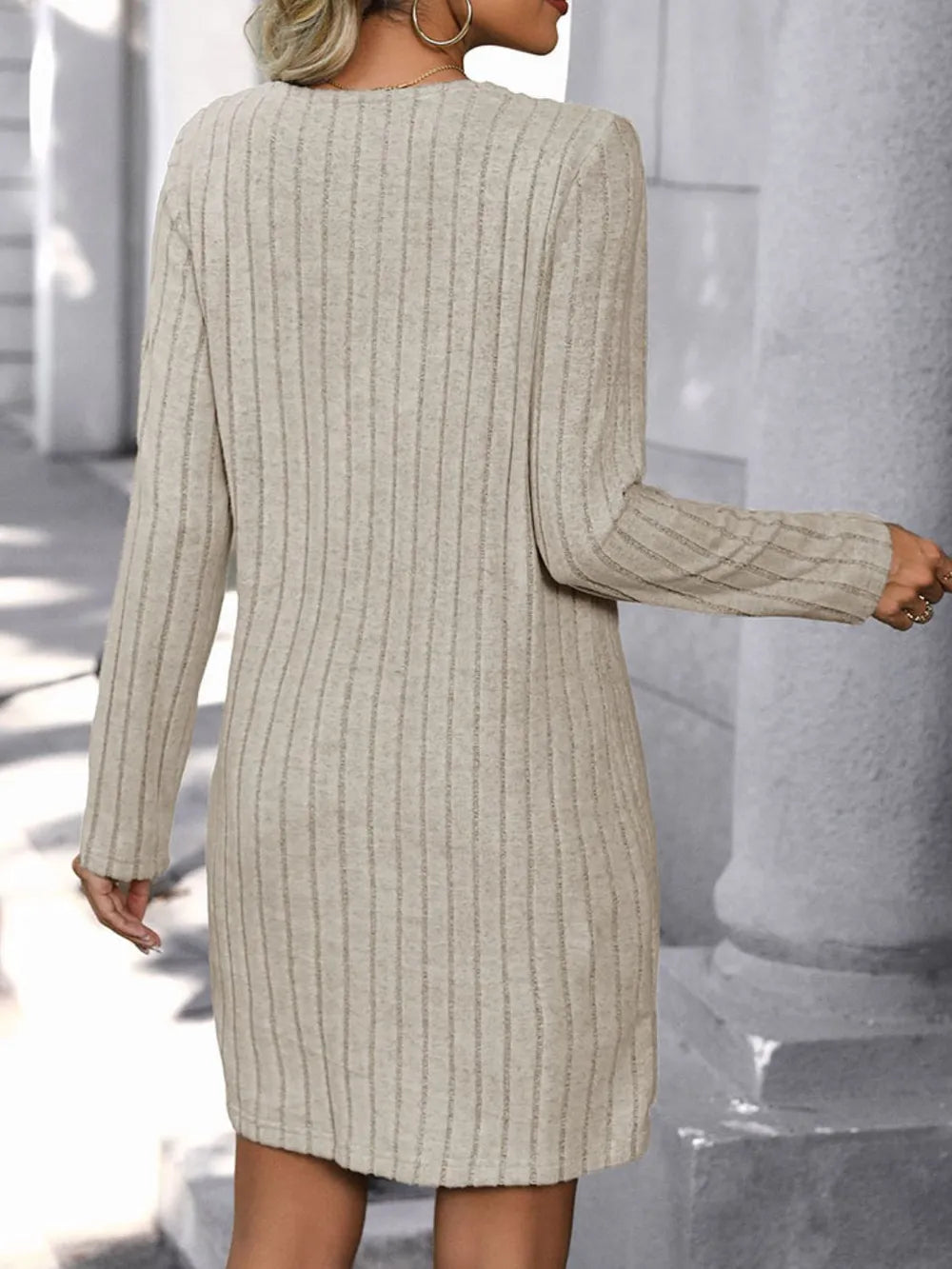 V-Neck Long Sleeve Knit Dress in Khaki