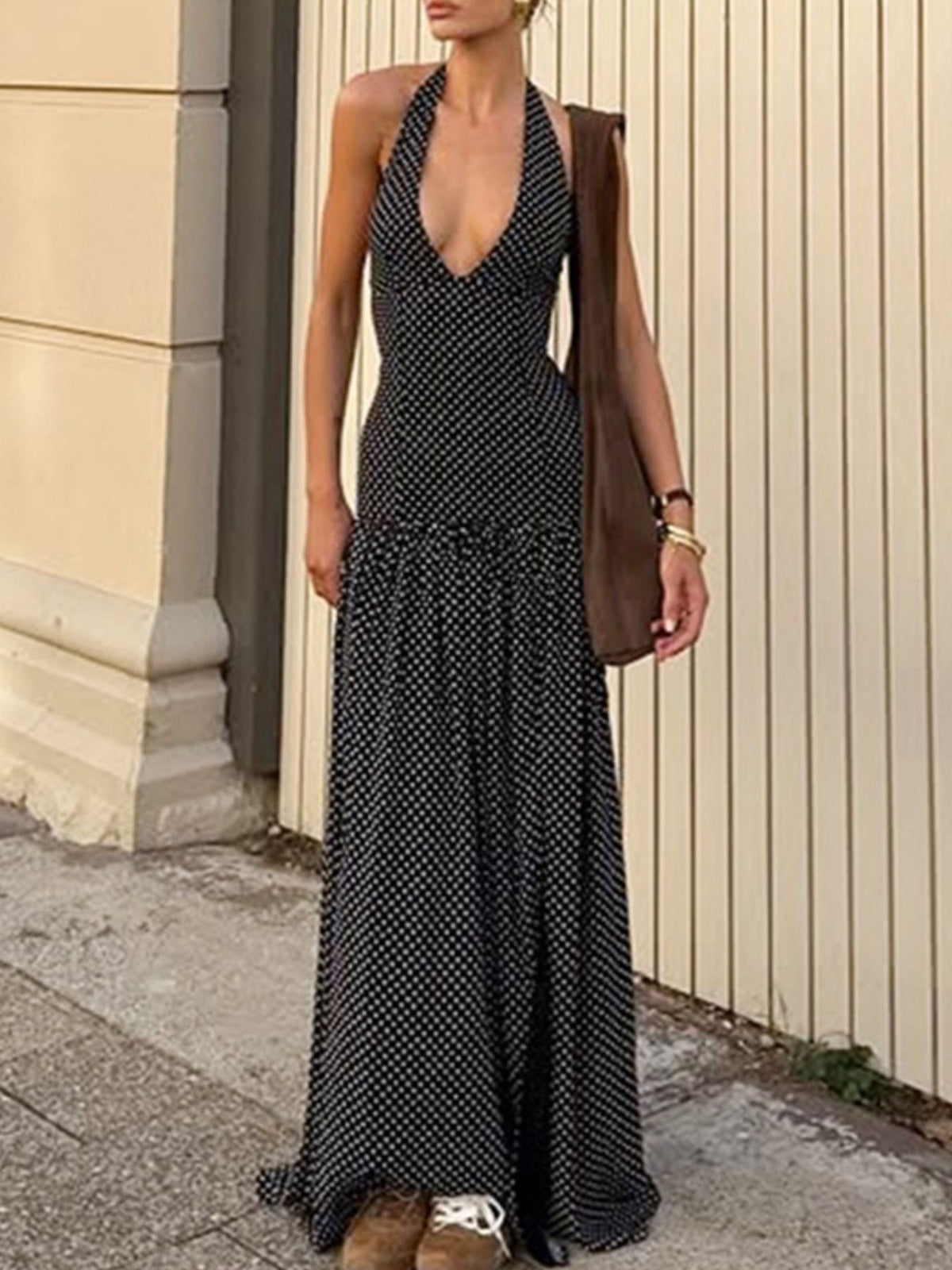 Polka Dot Halter Neck Maxi Dress in Black