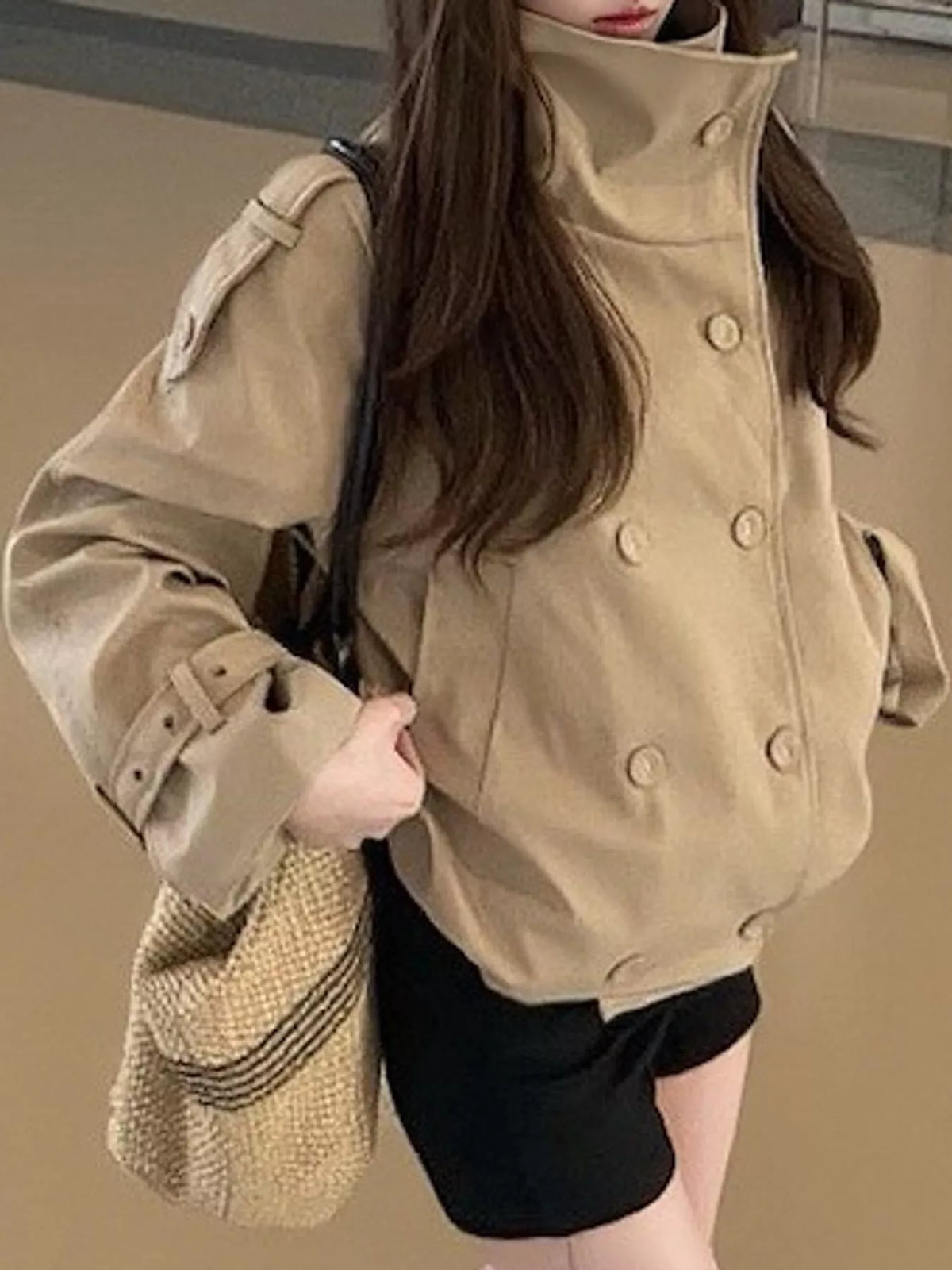 Double-Breasted Trench Jacket with Stand Collar