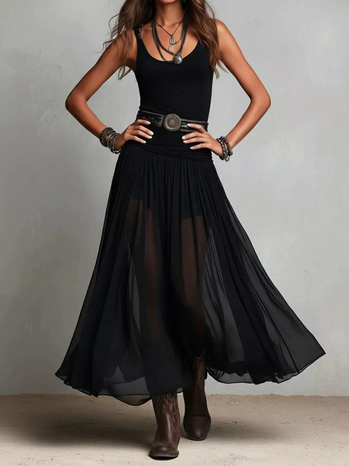 Scoop Neck Sheer Mesh Maxi Dress in Black