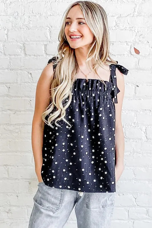 And The Why Daisy Polka Dot Ruffle Tank in Black
