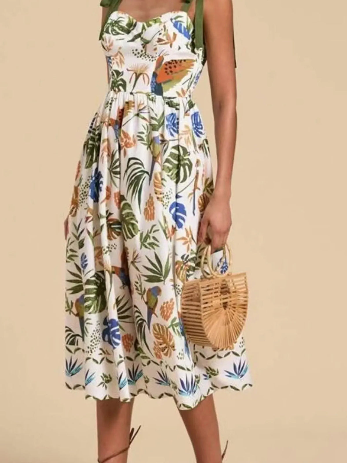 Tropical Print Tie-Shoulder Sweetheart Neck Midi Dress in Green by Rosaline