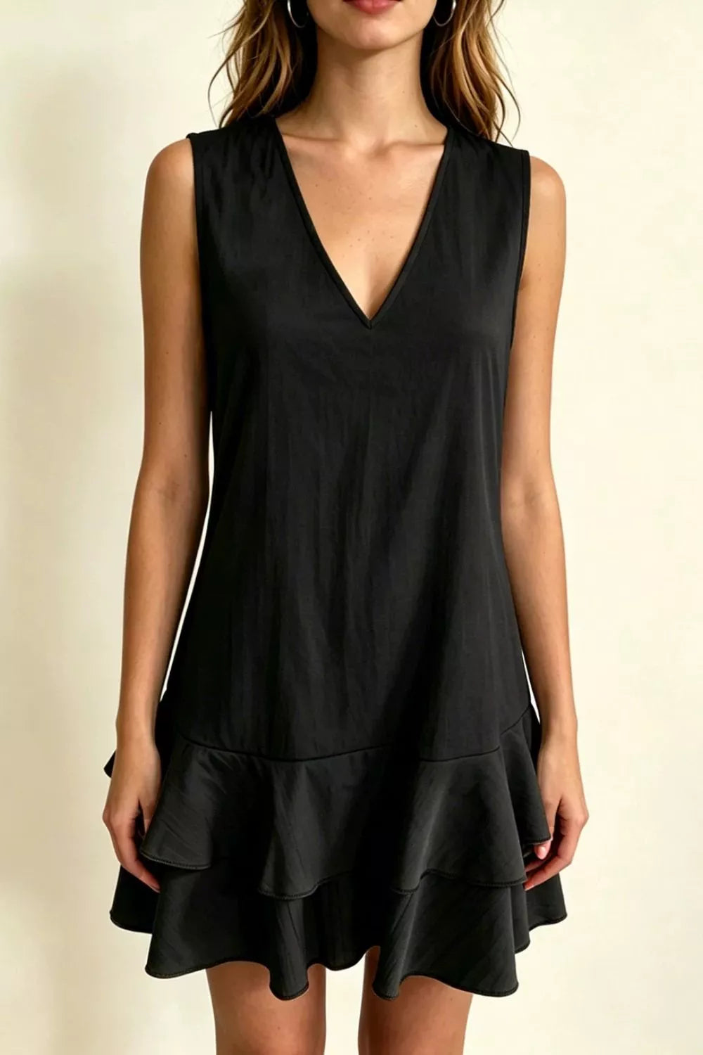 Sleeveless V-Neck Ruffle Hem Mini Dress in Beige