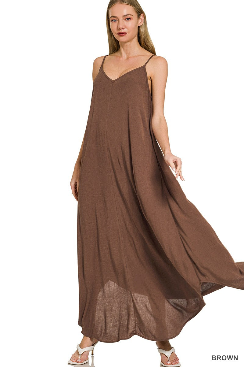 Zenana Crinkle Cami Maxi Dress in Brown