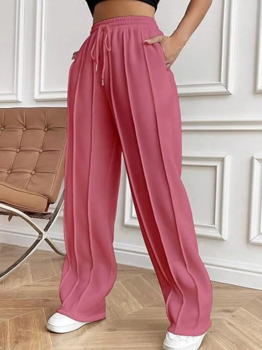 Drawstring Wide Leg Pants with Pockets by K&L