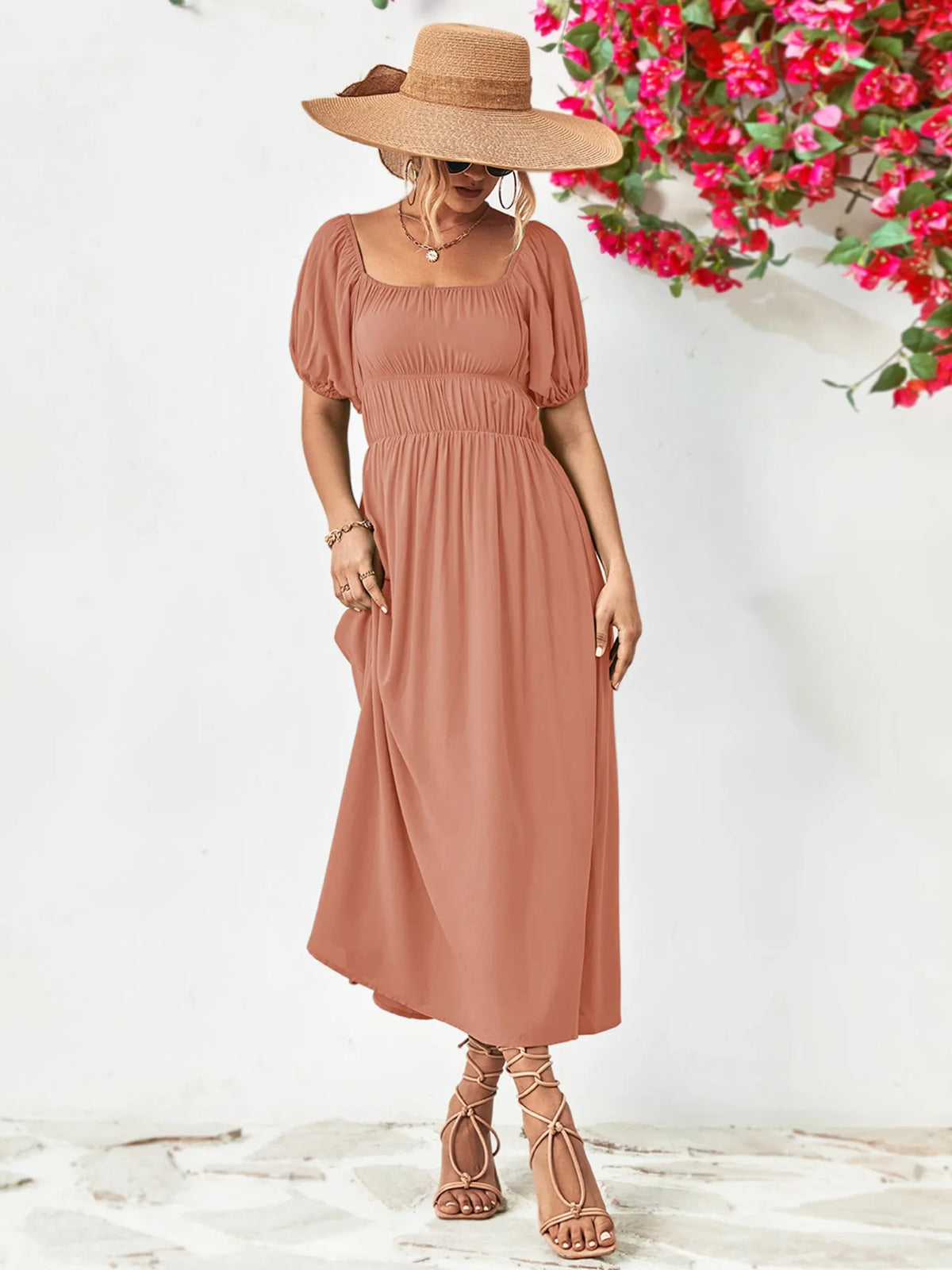 Off-Shoulder Puff-Sleeve Smocked Maxi Dress