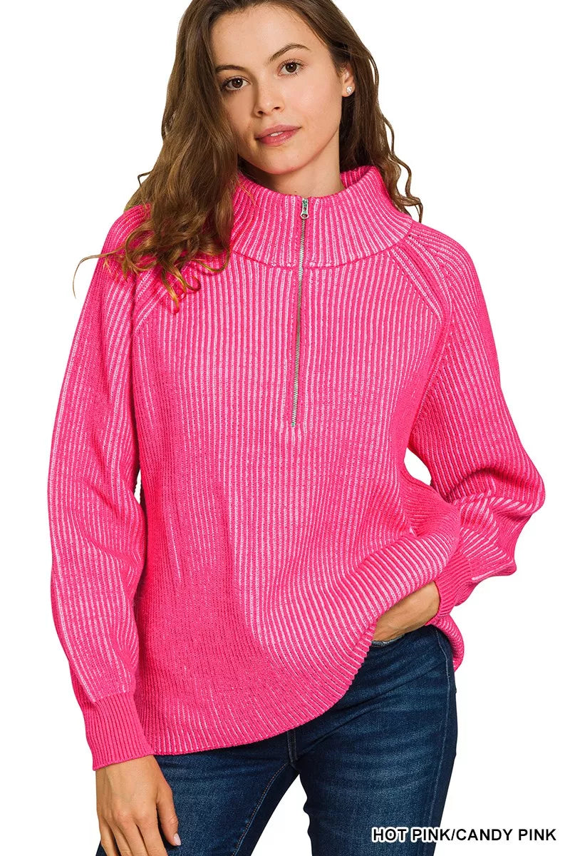 Zenana Ribbed Half Zip Sweater in Hot Pink & Candy Pink in Hot pink/candy pink