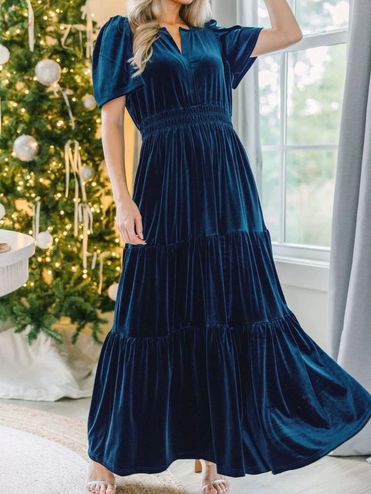 Velvet Tiered Short Sleeve Maxi Dress