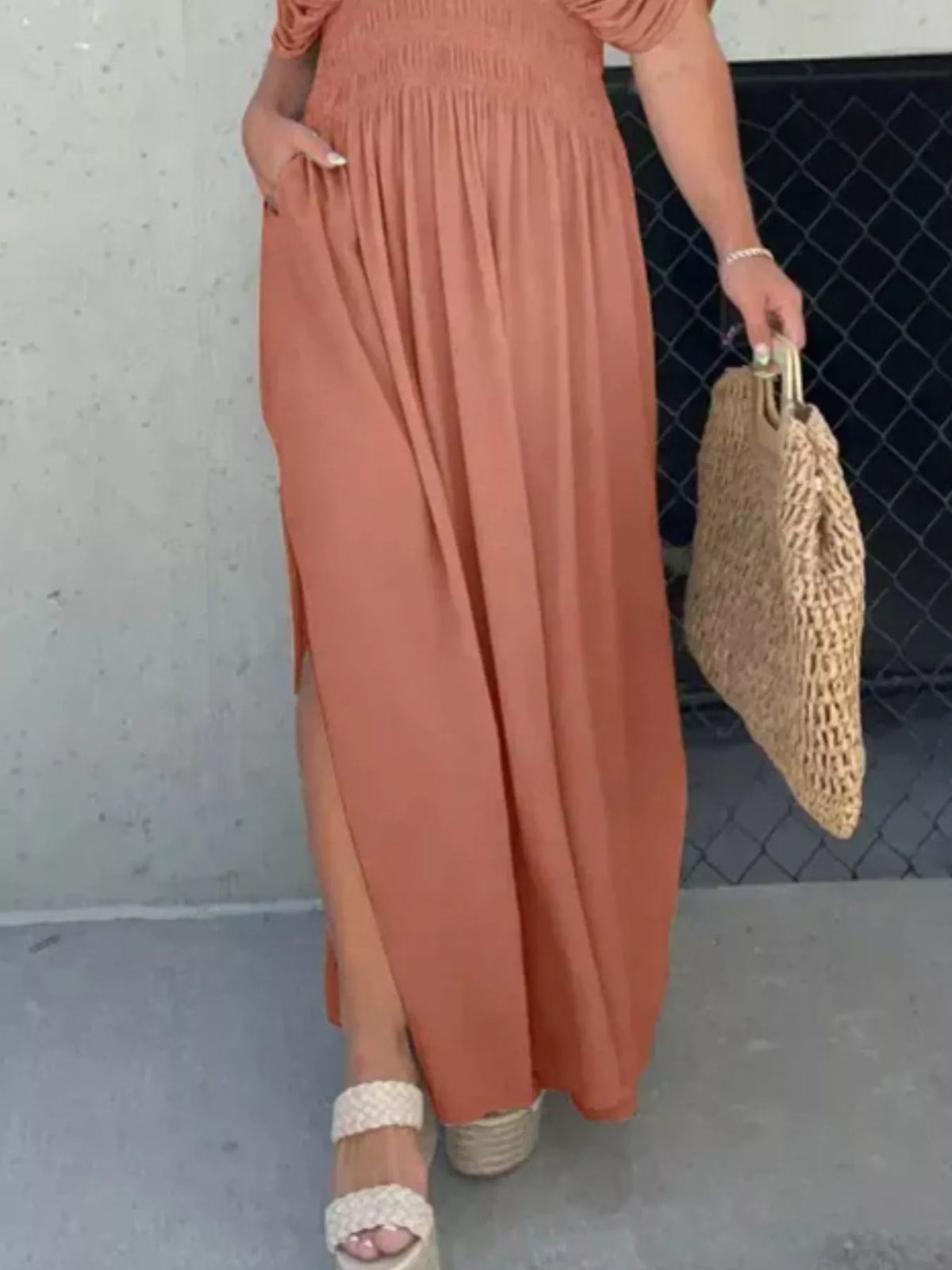 Smocked Waist V-Neck Slit Maxi Dress