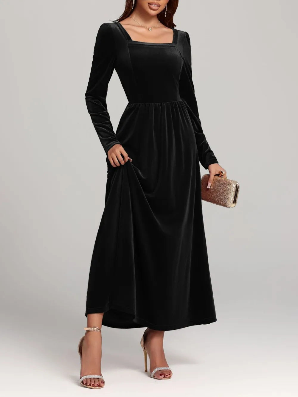 Velvet Square Neck Backless Dress