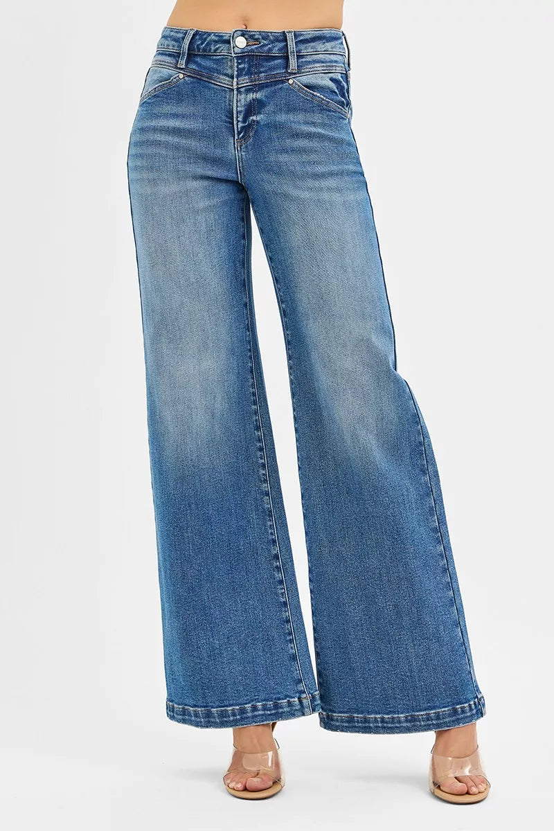 Risen High Rise Wide Leg Jeans with Heart Pocket in Medium Wash