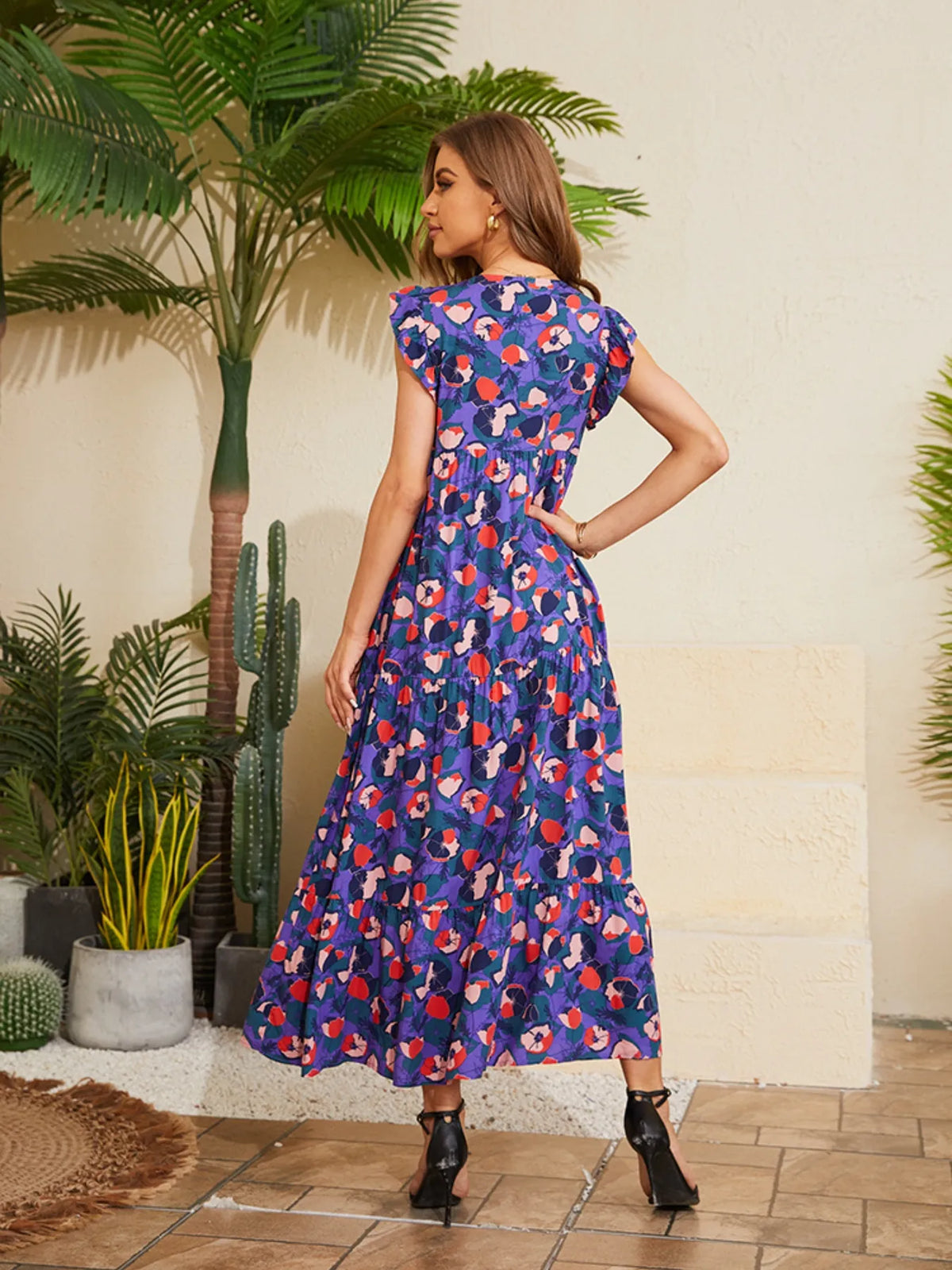 Floral V-Neck Cap Sleeve Summer Dress by Elaine