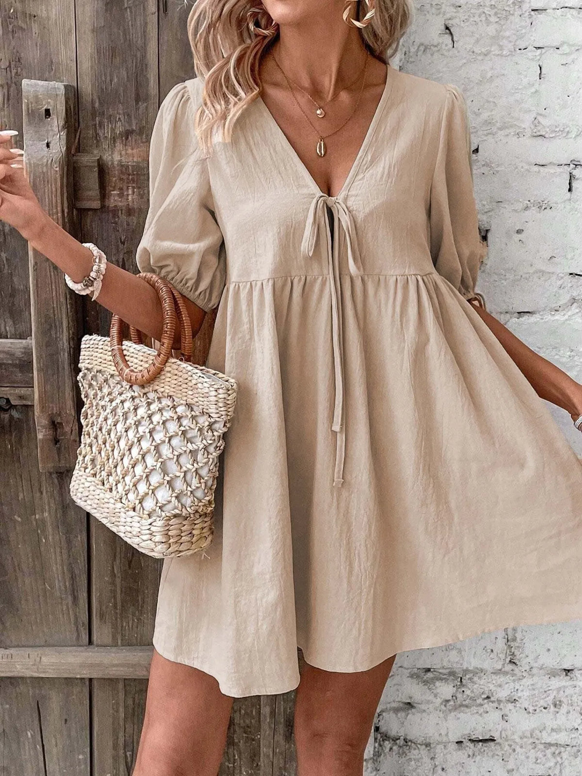 V-Neck Tie-Front Mini Dress with Puff Sleeves