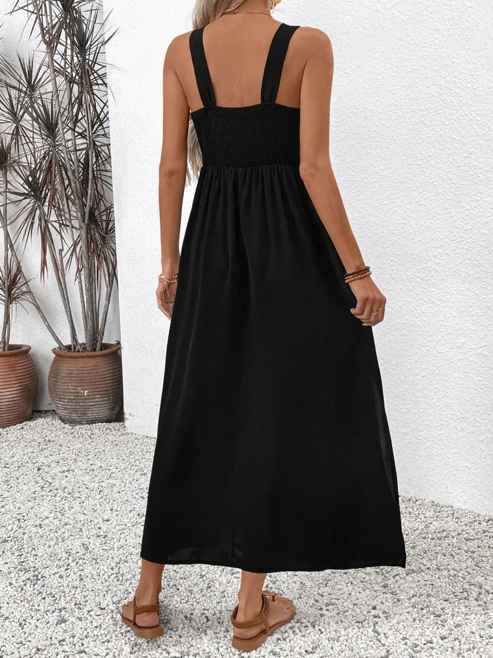Embroidered Floral Side Slit Midi Dress in Black