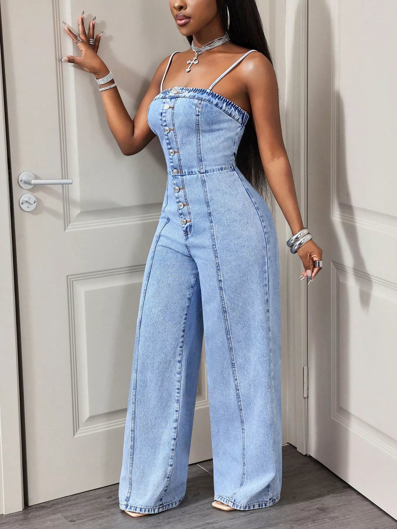 Button-Down Wide Leg Denim Jumpsuit in Blue