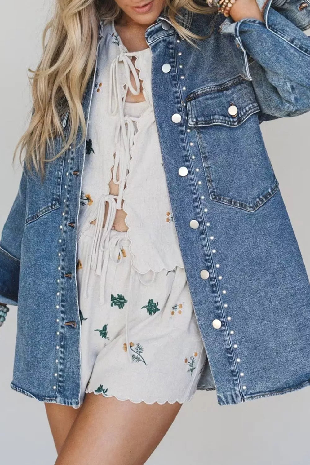Western Rivet Studded Denim Jacket in Medium Wash