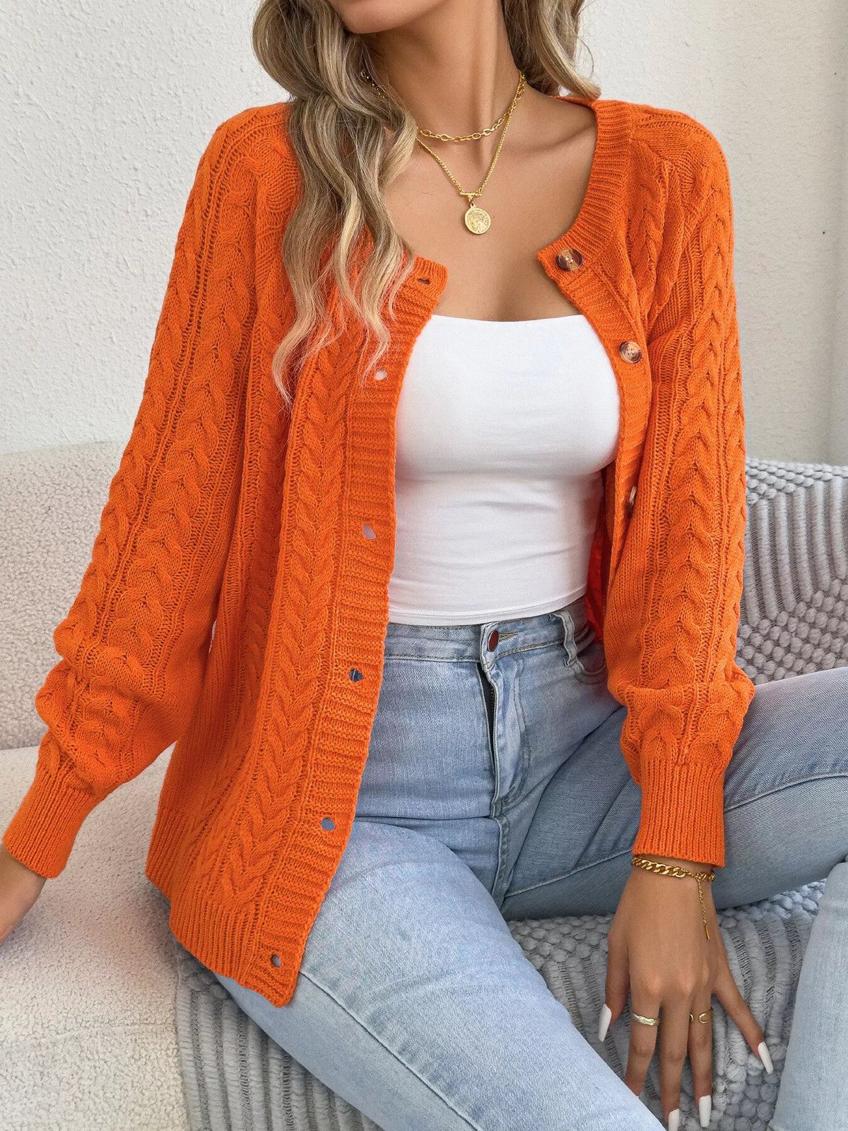 Cable-Knit Button-Front Cardigan by Clise