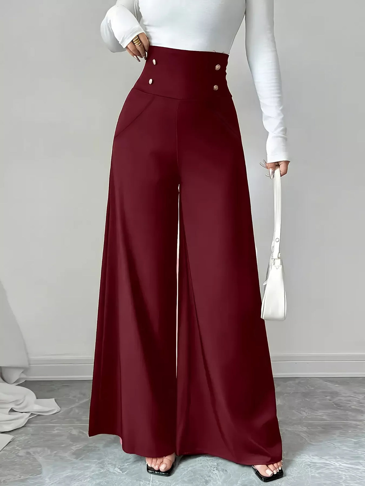 High Waist Wide Leg Pants with Button Detail