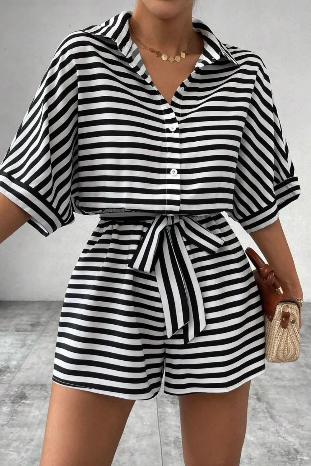 Striped Collared Tie Waist Romper