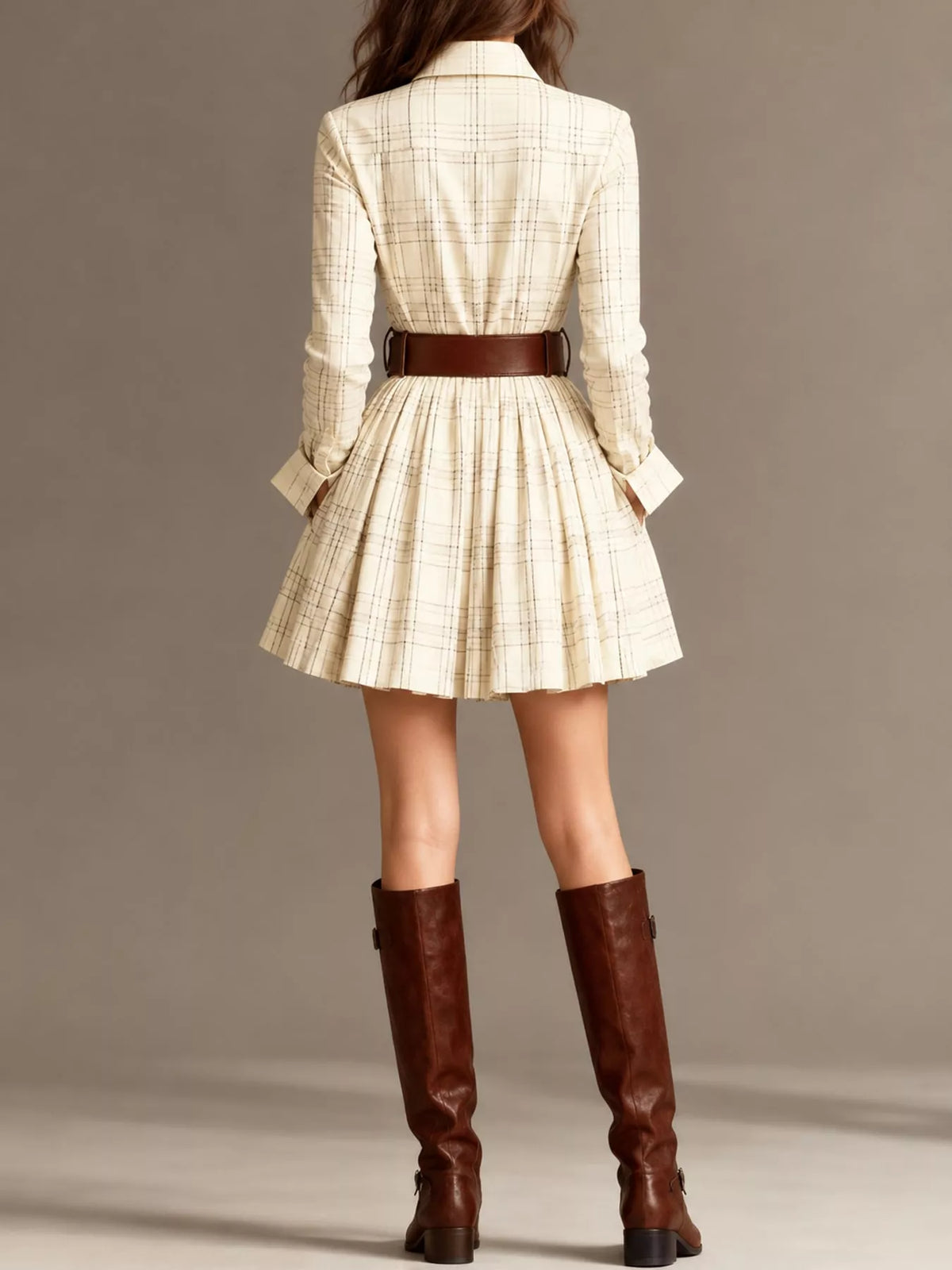 Plaid Long-Sleeve Shirt Dress with Belt