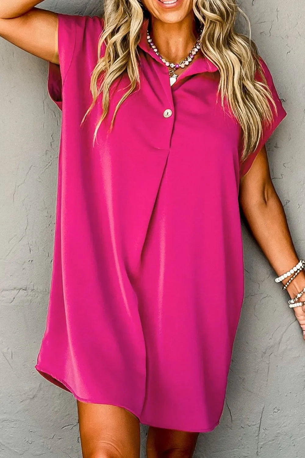 Buttoned Collar Mini Shirt Dress in Hot Pink