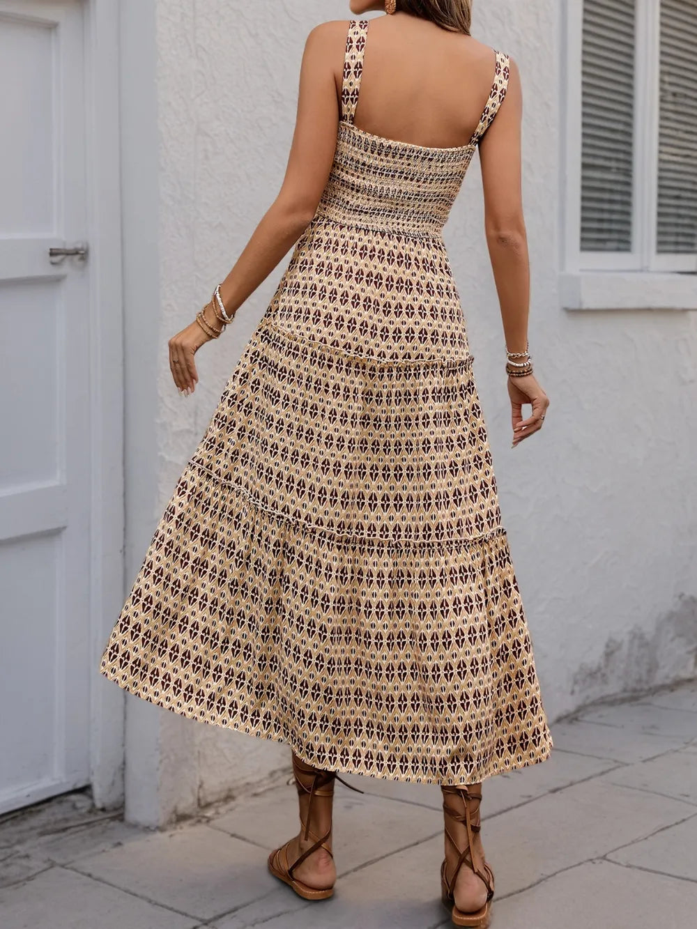 Printed Tiered Wide Strap Midi Dress in Camel