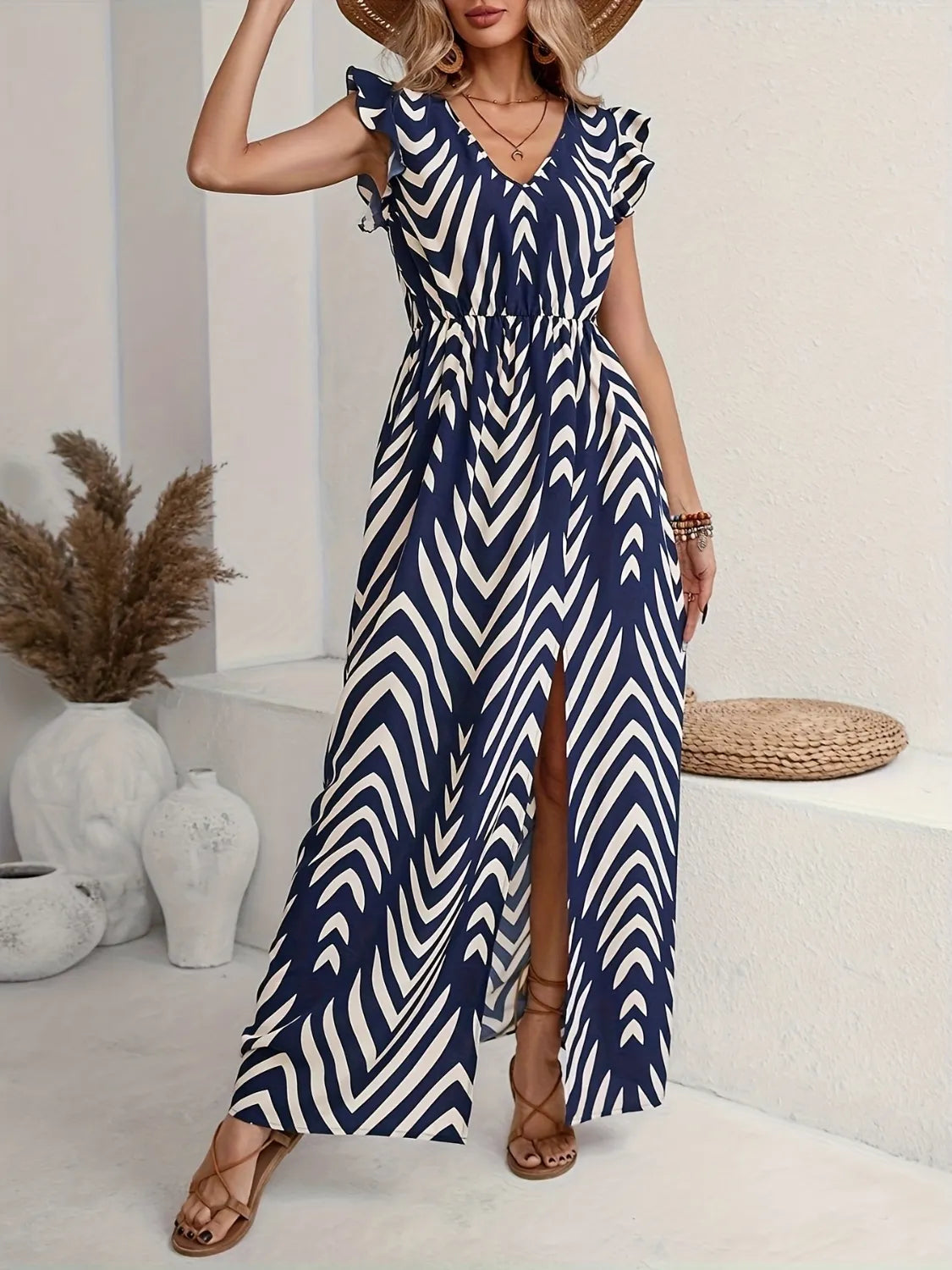 Printed V-Neck Cap Sleeve Maxi Dress in Dark Blue by Macido