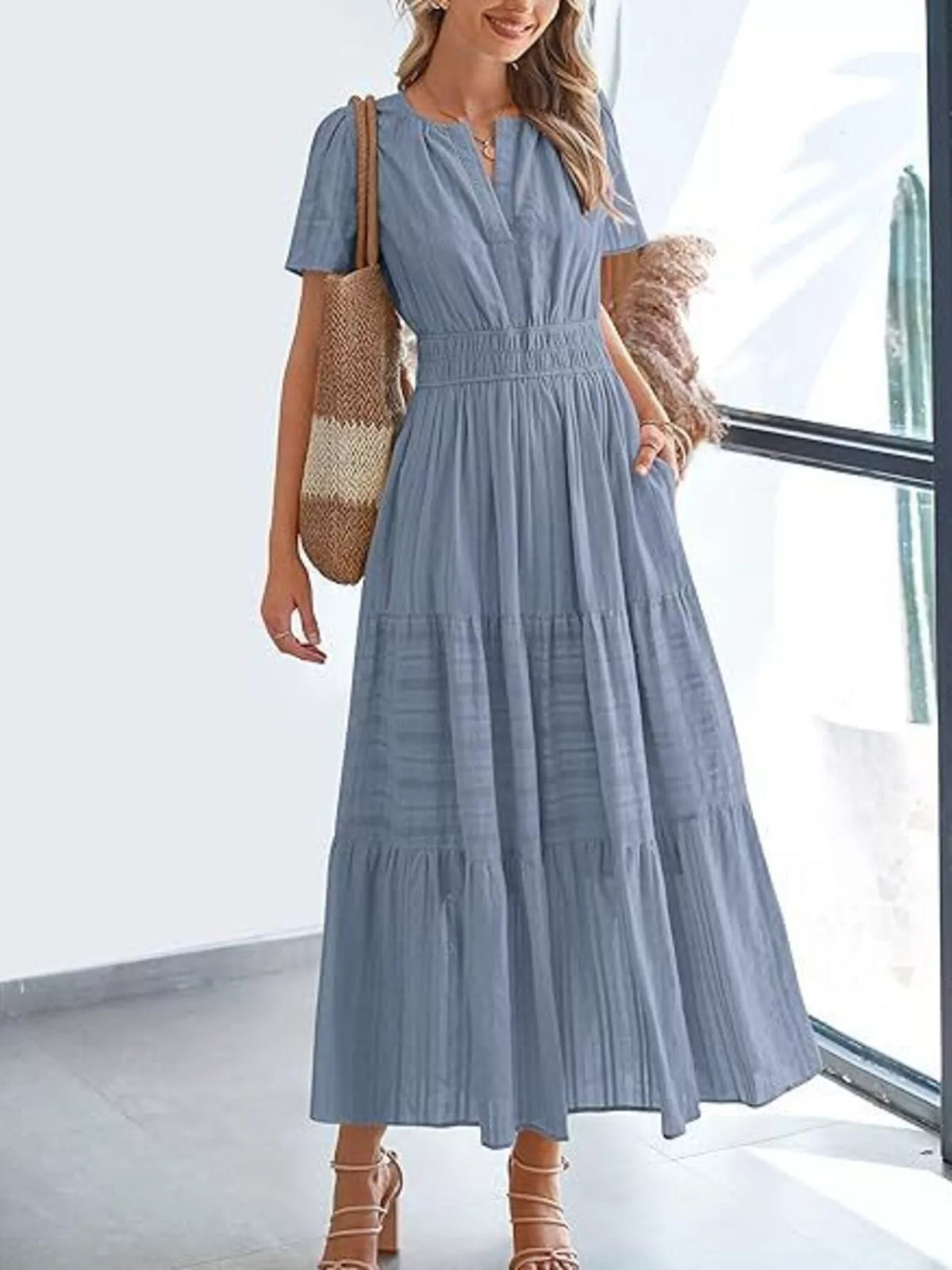 Short Sleeve Tiered Midi Dress with Pockets