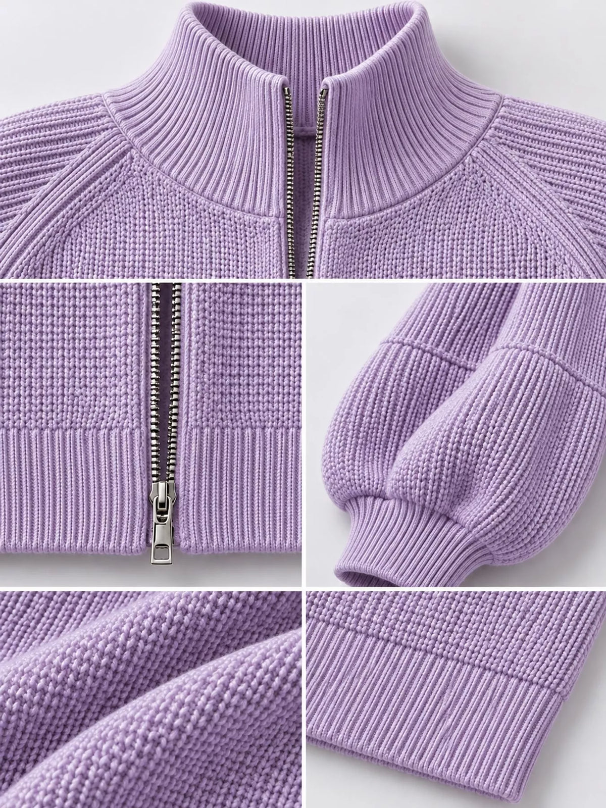 Ribbed Knit Zip-Up Cardigan with Lantern Sleeves