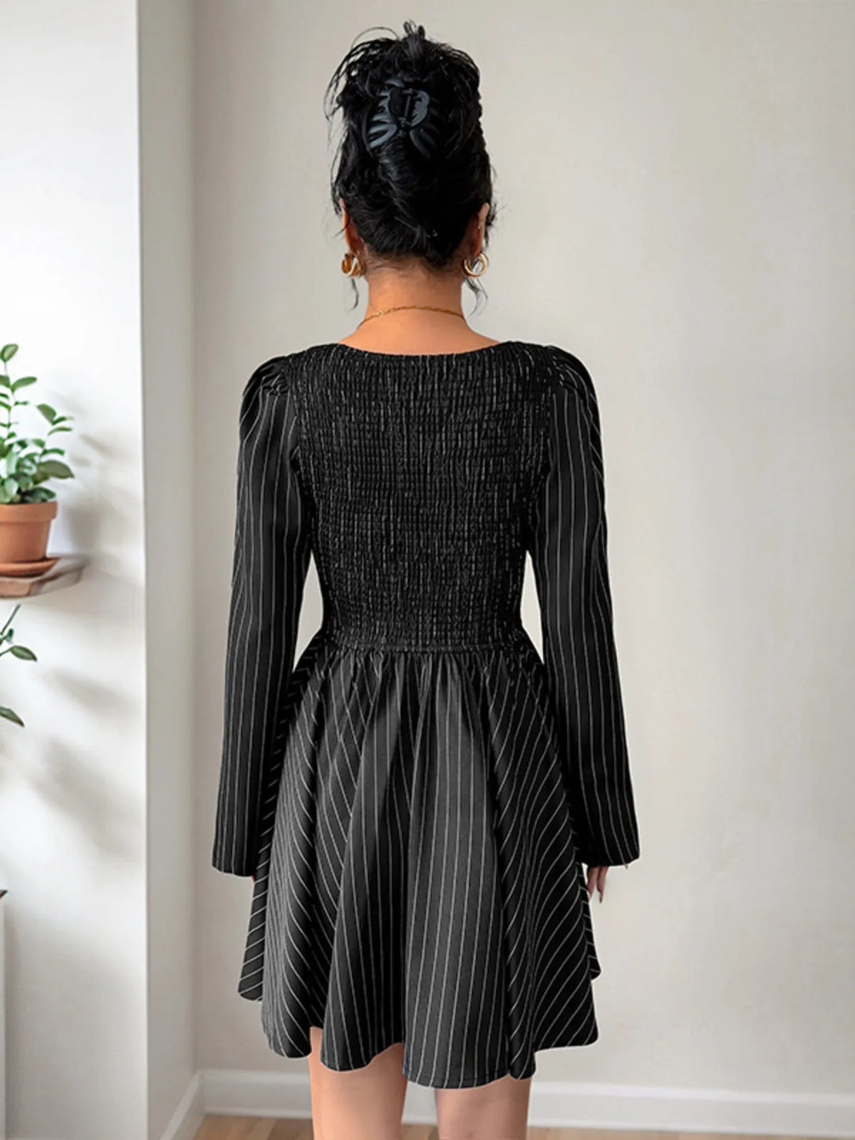 Ruffled Striped Mini Dress in Black