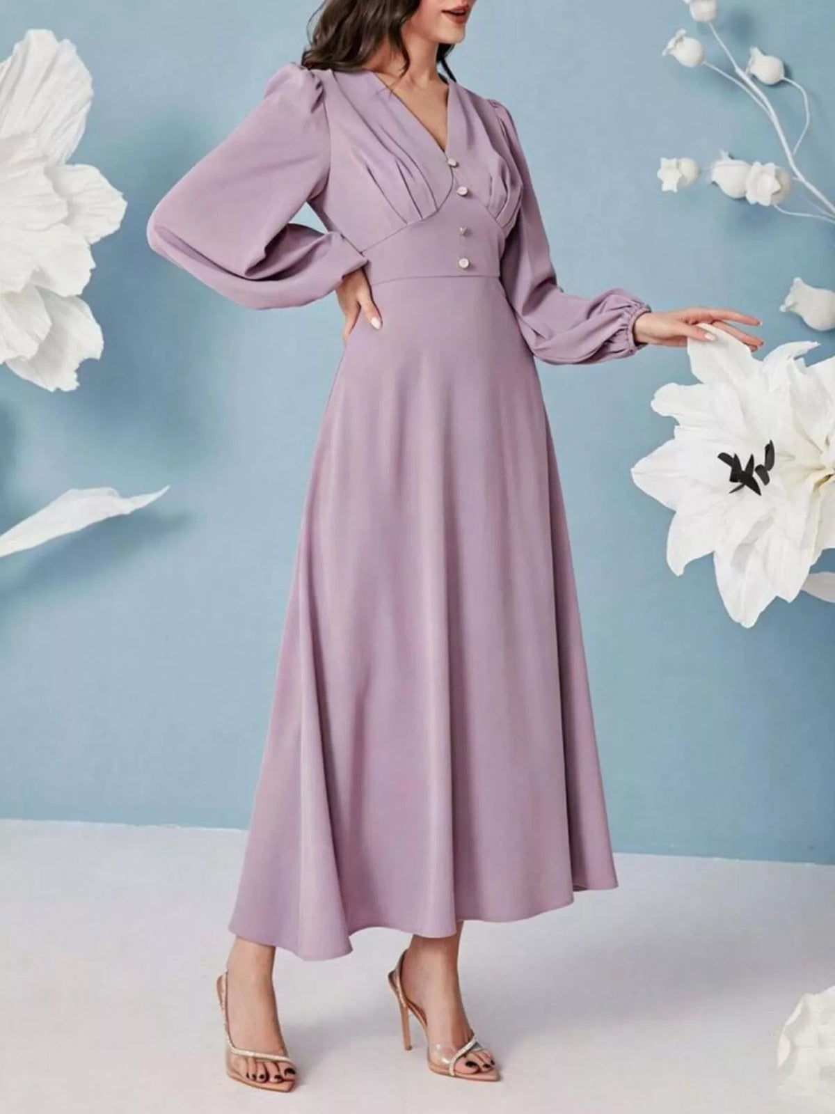 V-Neck Balloon Sleeve Maxi Dress in Lavender