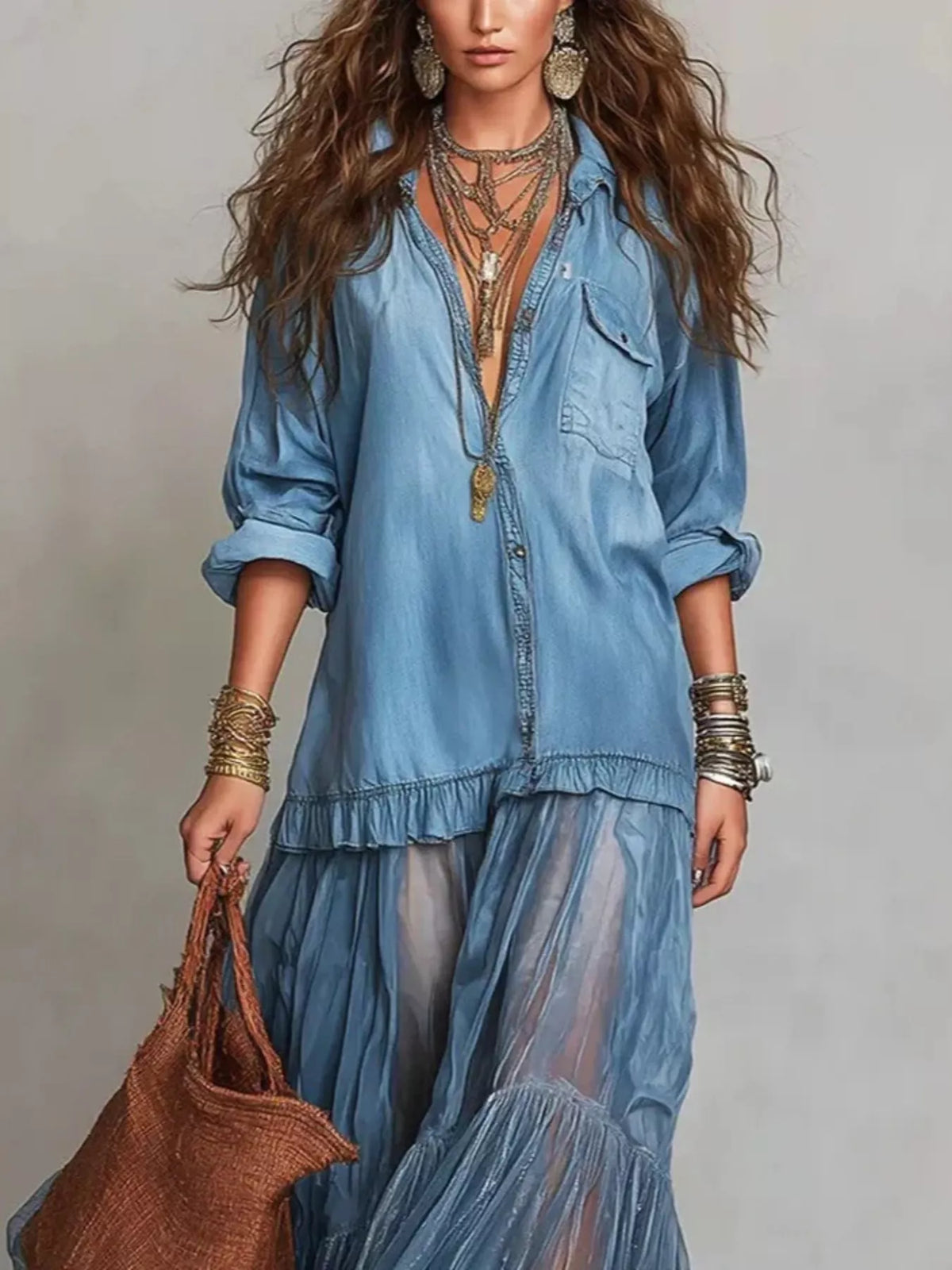 Ruffled Long Sleeve Sheer Maxi Dress