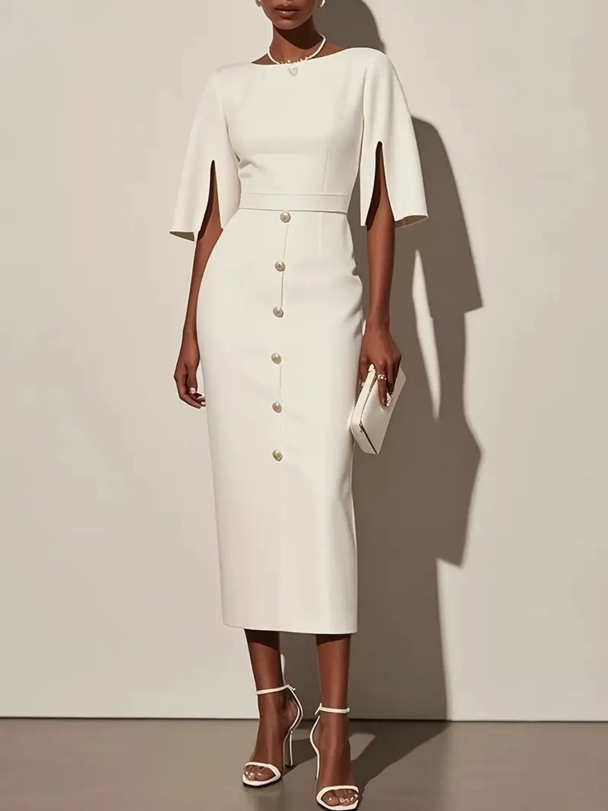 Decorative Button Slit-Sleeve Midi Dress