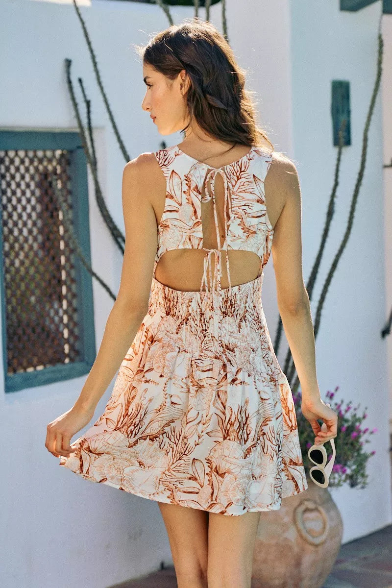 So Me Shell Print Smocked Mini Dress in Taupe
