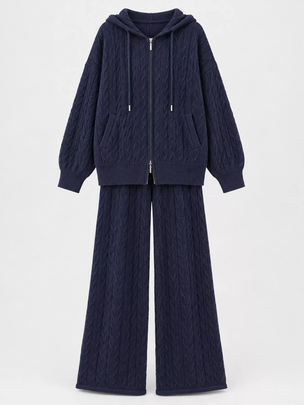 Cable Knit Zip-Up Hooded Cardigan and Wide-Leg Pants Set