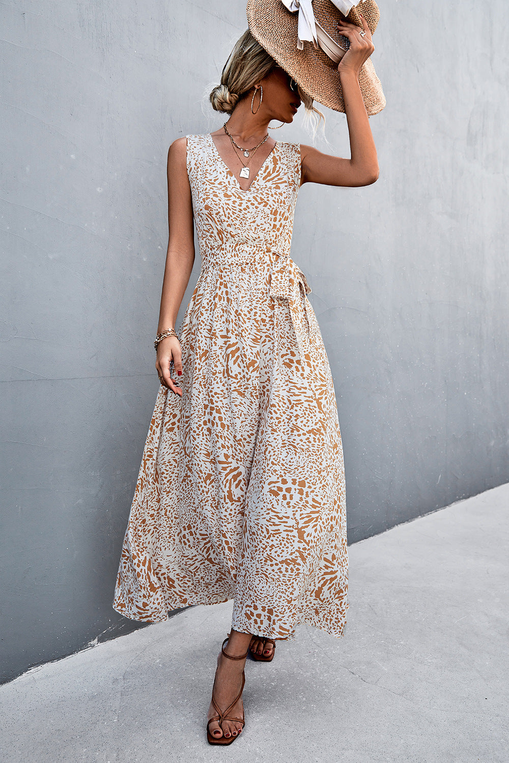 Printed Tie-Waist Maxi Dress with Pockets