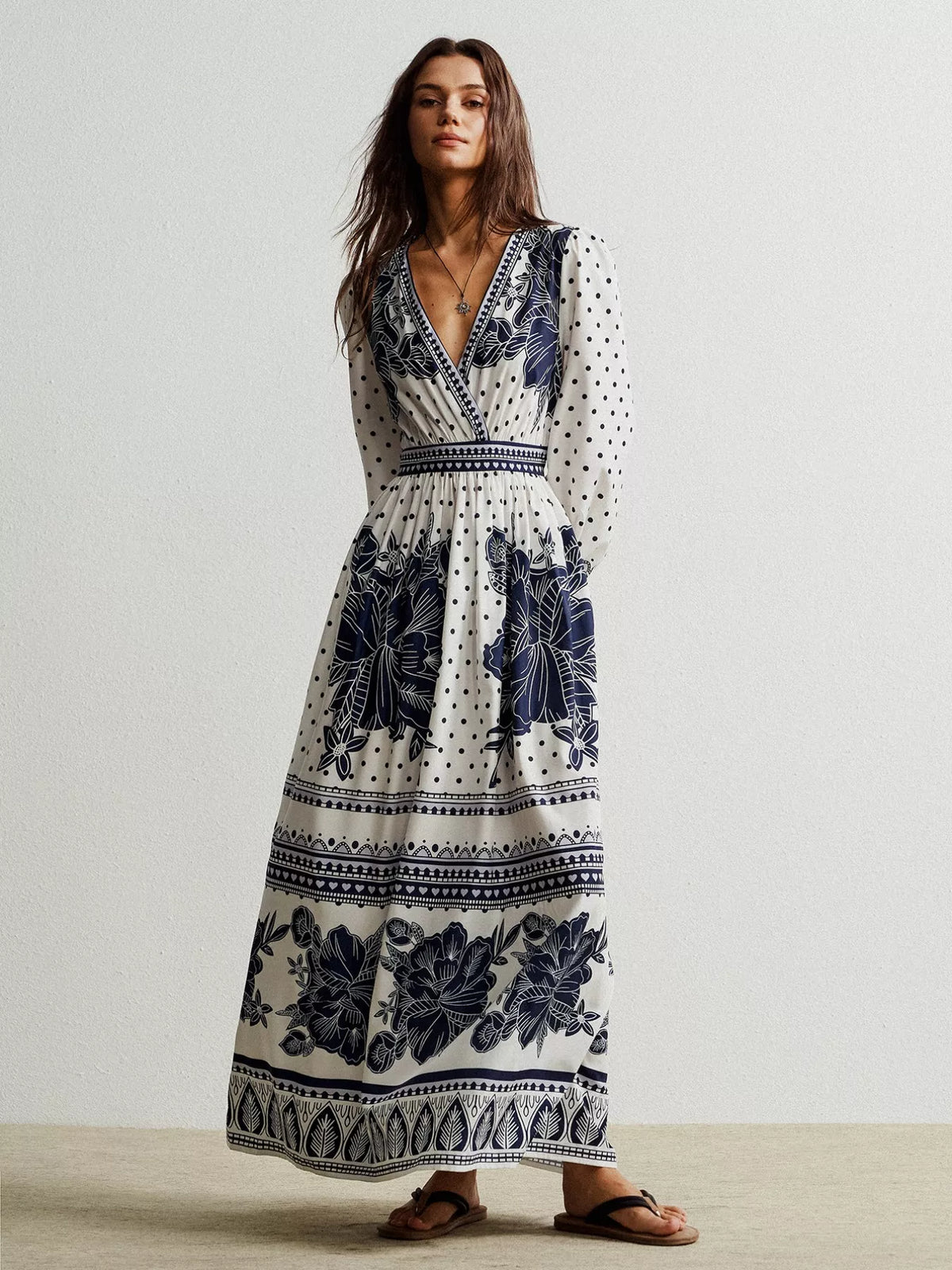 Ruched Floral Long Sleeve Maxi Dress in Indigo