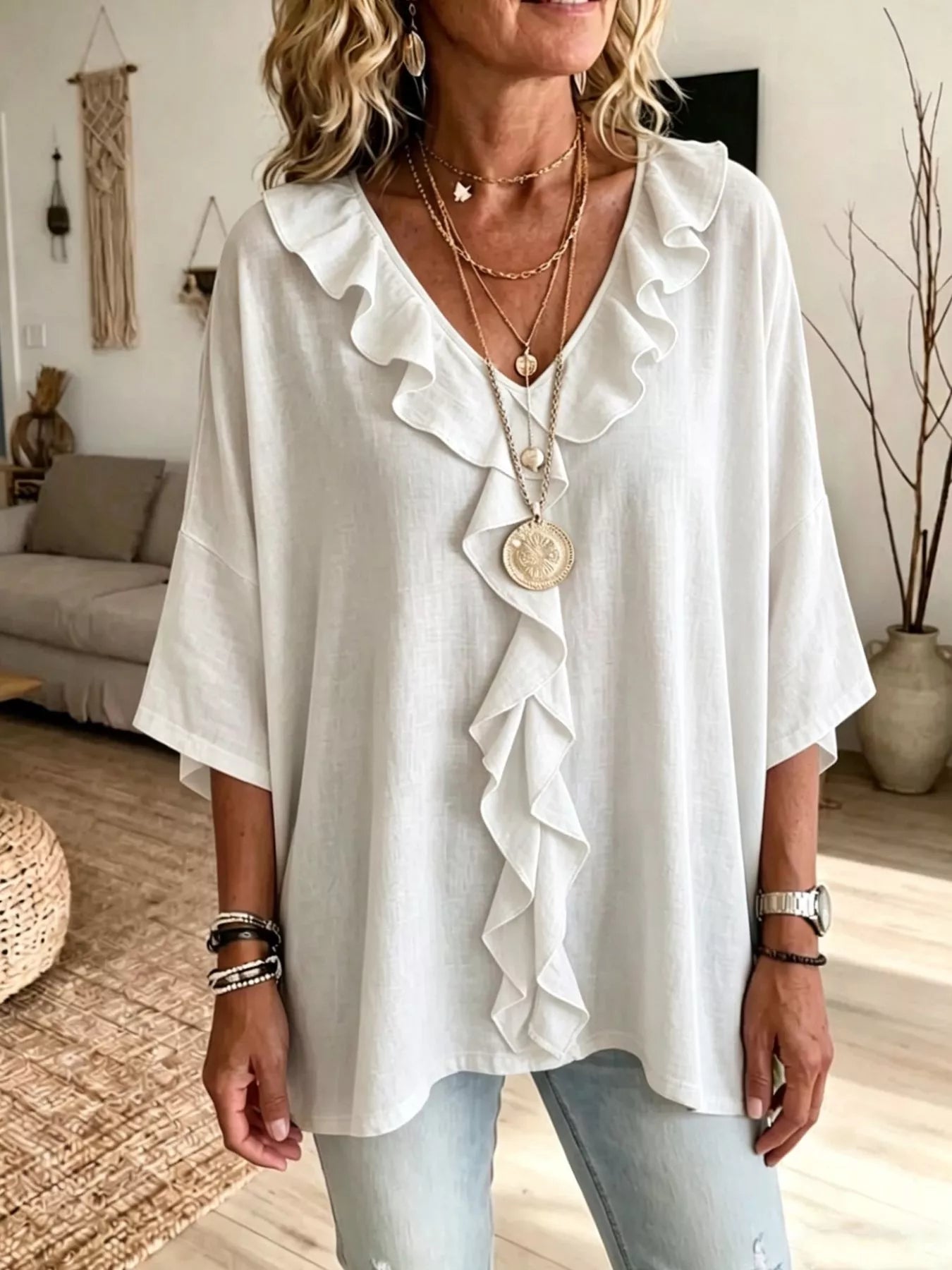 Ruffle V-Neck 3/4 Sleeve Blouse Plus Size