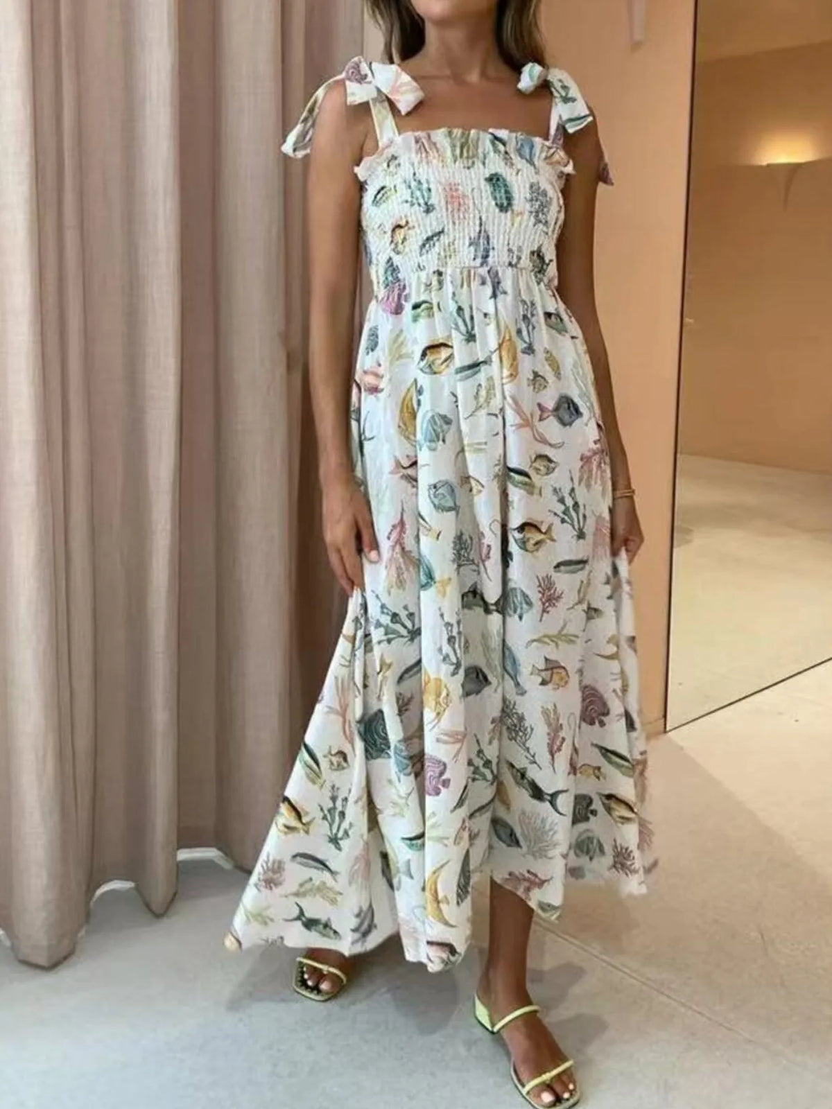 Floral Tie-Shoulder Smocked Dress in White