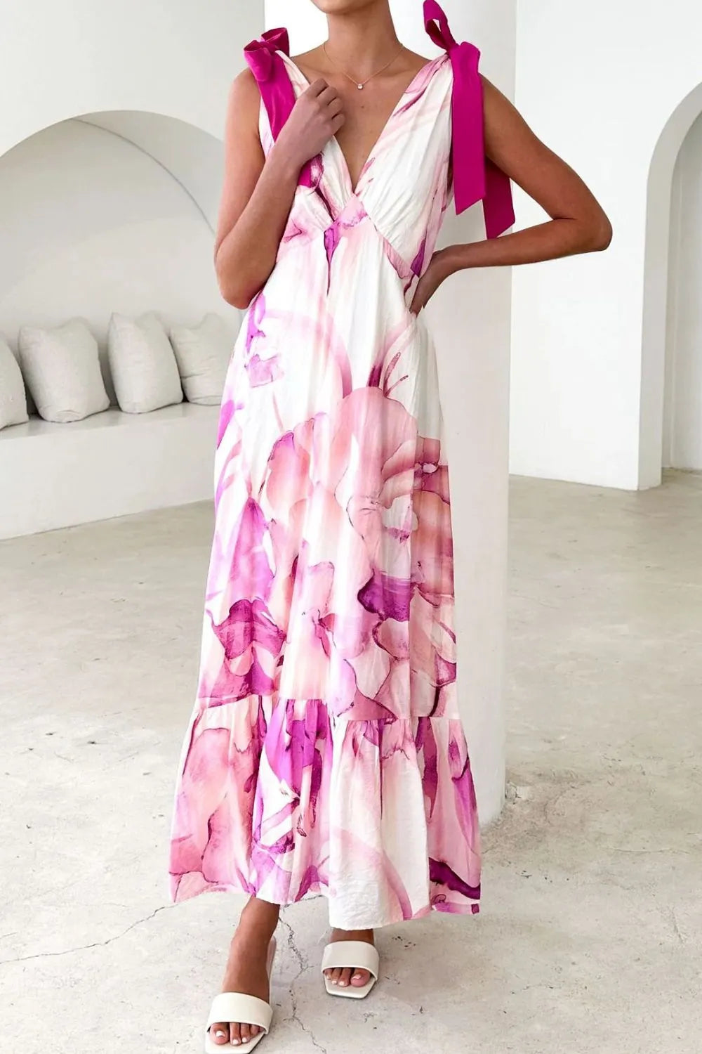 Printed Tie-Shoulder Ruched V-Neck Midi Dress