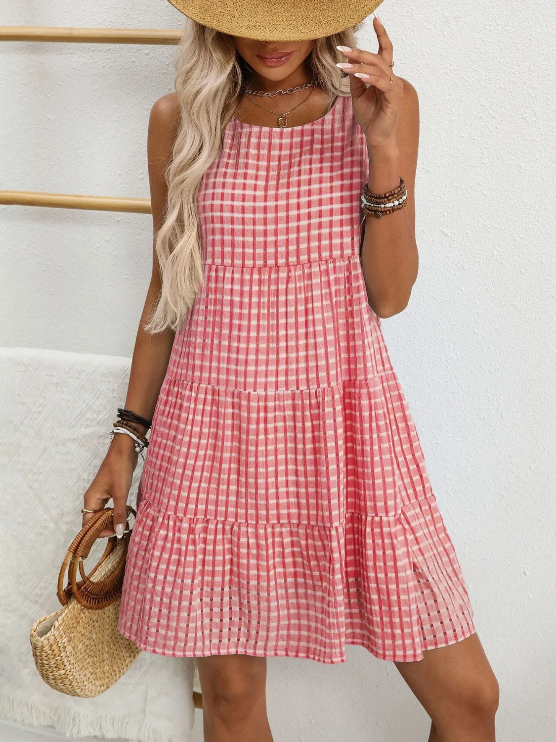 Plaid Round Neck Mini Dress
