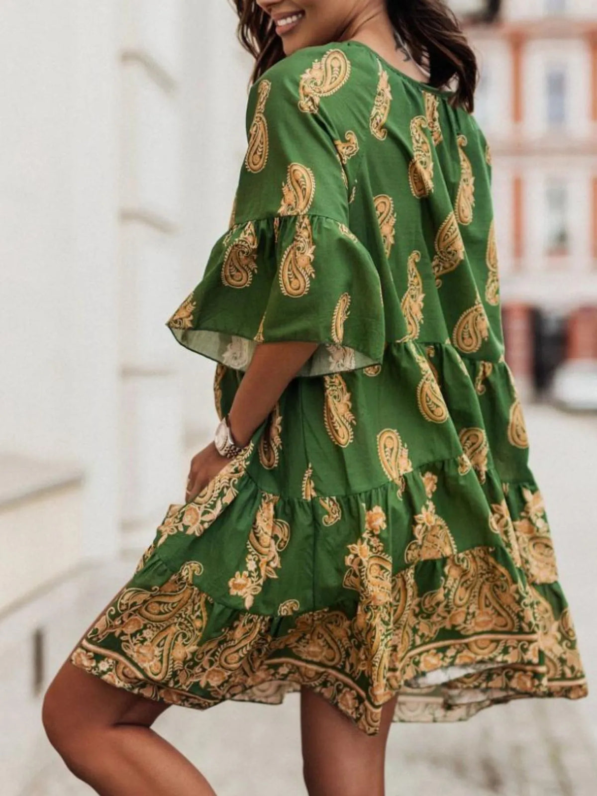 Paisley Tie-Neck Ruffled Half Sleeve Mini Dress