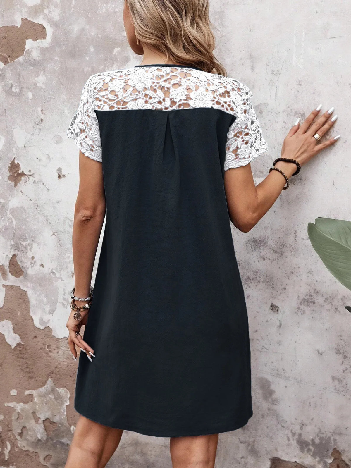 Round Neck Lace Mini Dress with Buttons