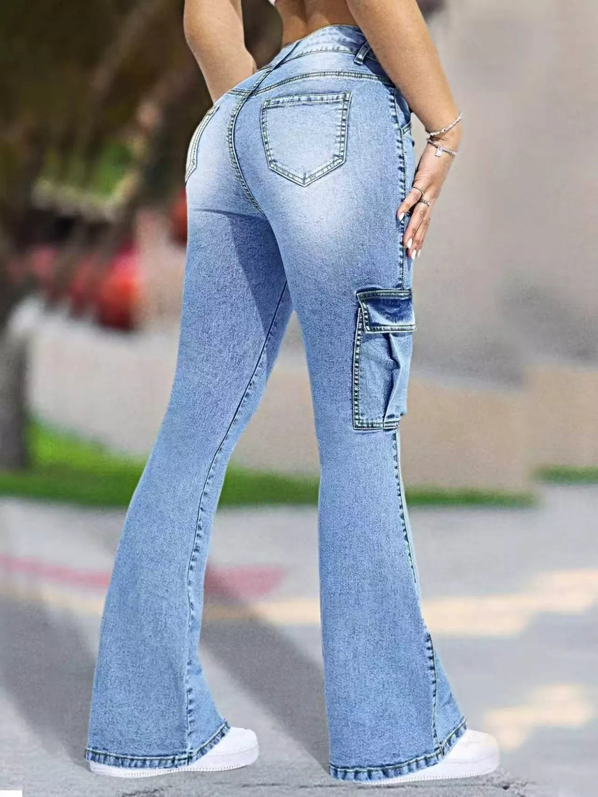 Flare Leg Cargo Jeans in Light Blue
