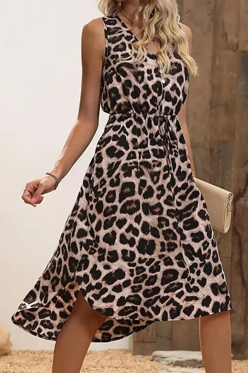V-Neck Sleeveless Dress in Leopard by Golden Gueen