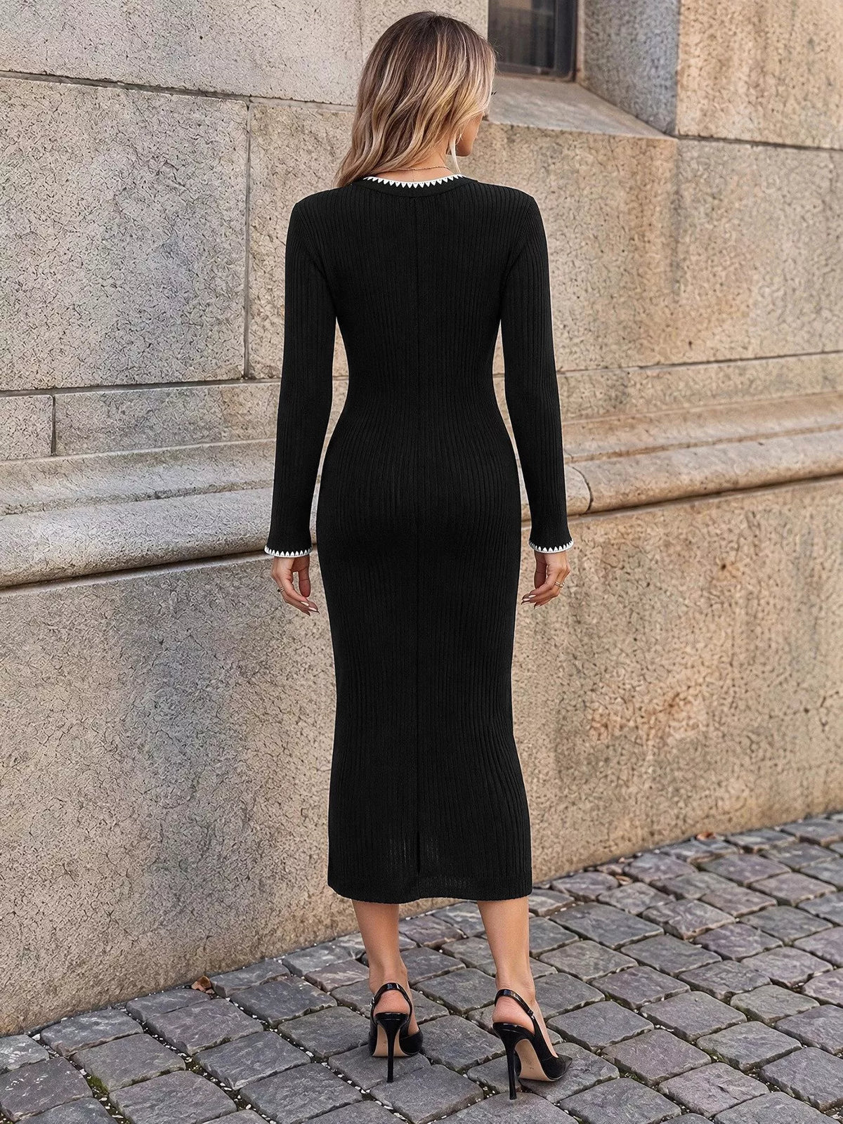 Contrast Trim Ribbed Knit Dress in Black
