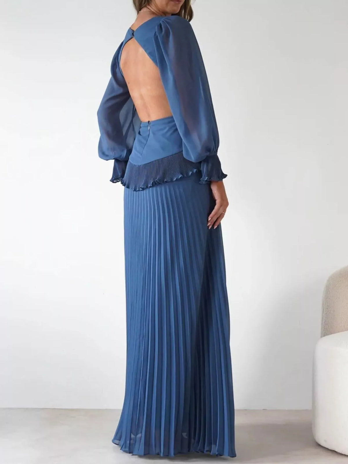 Backless Pleated Maxi Dress in Blue