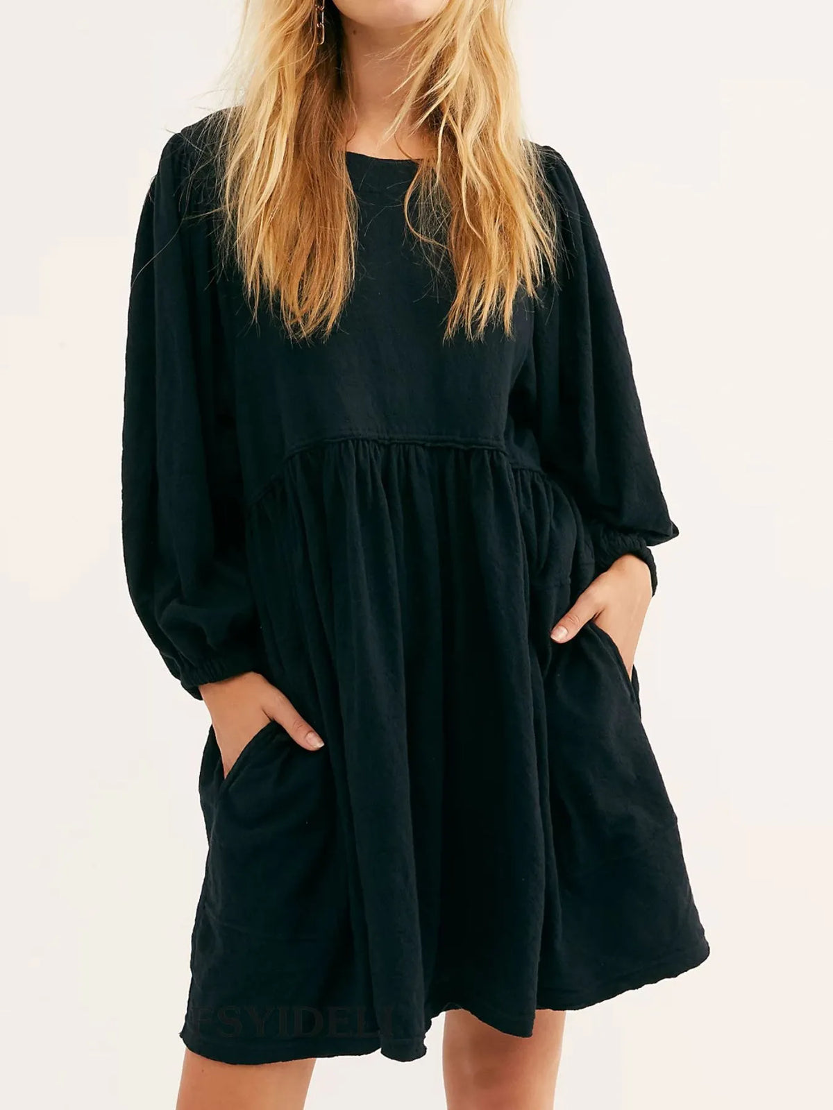 Relaxed Textured Babydoll Mini Dress with Keyhole Back